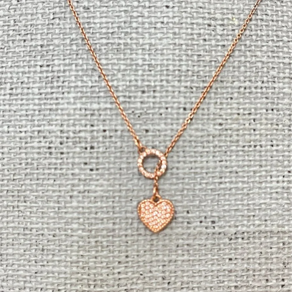 Betsey Johnson Necklace Rose Gold Crystal Heart Lariat